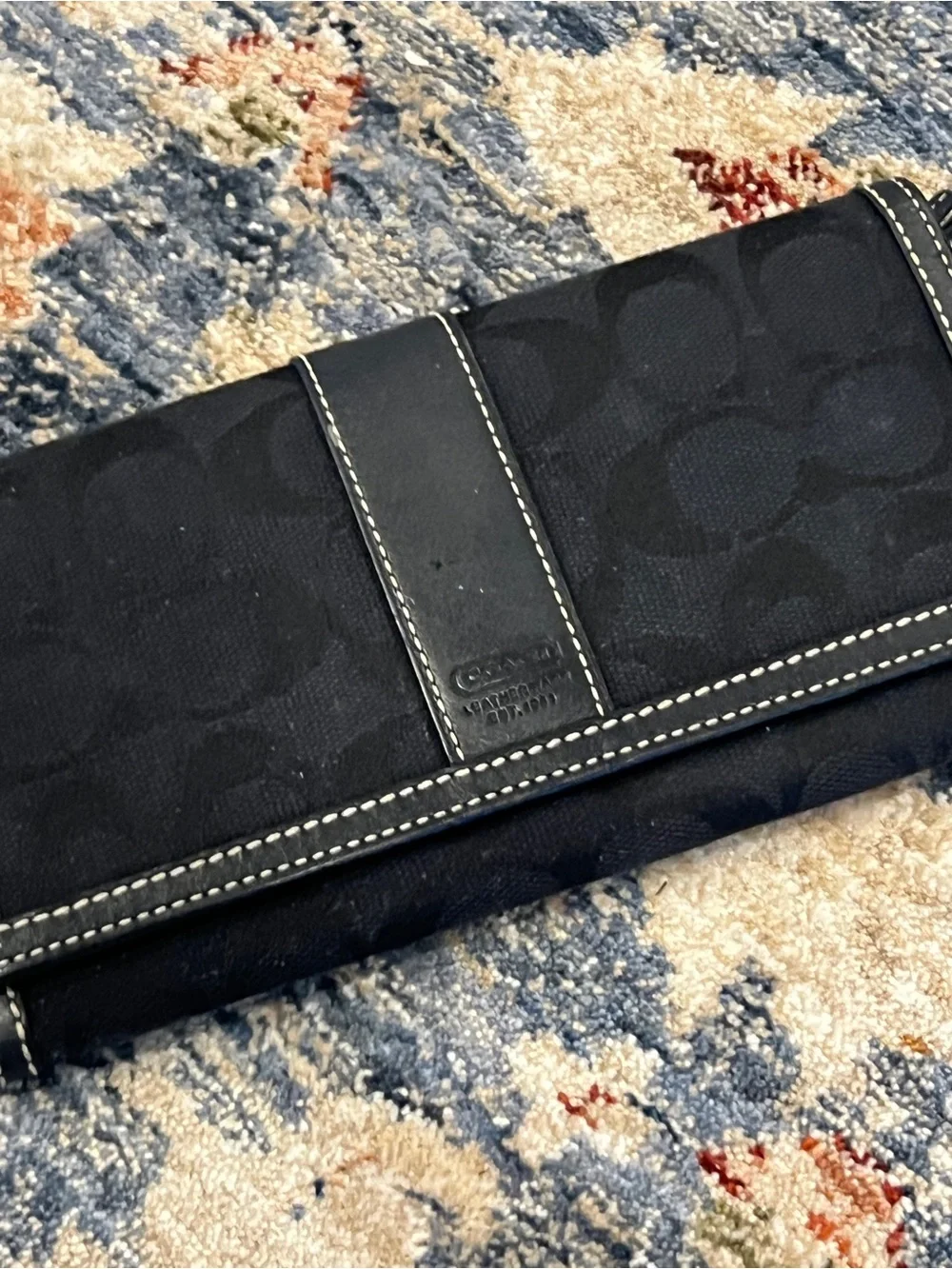 Coach Black Signature Trifold Wallet with White Stitching
